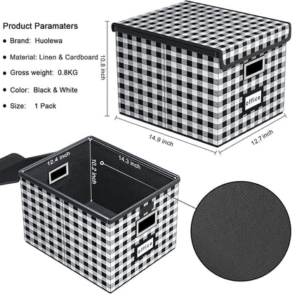 Huolewa Upgraded Portable File Organizer Box with Lid, Collapsible Linen Hanging Filing Storage Boxes with Plastic Slides, Decorative Home/Office Filing System Box for File and Folders Storage (Gray)