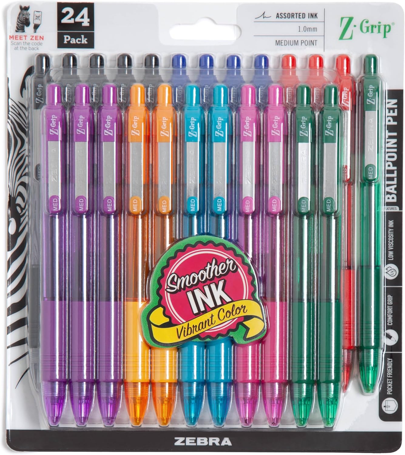 Zebra Pen Z-Grip Retractable Ballpoint Pen, Smooth-Flowing Black Ink, 1.0mm Medium Point, School & Office Supplies, Ideal for Note-Taking, Journal and Planner Use, 18-Pack (22218)