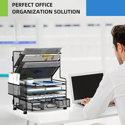 MINDEPOT 4-Tier Paper Organizer + 3-Pocket File Holder + Drawer + Pen Holders, Desktop File Organizers Paper Tray for Office Supplies School Classroom Organization (Black, No Drawer & Pen Holder)