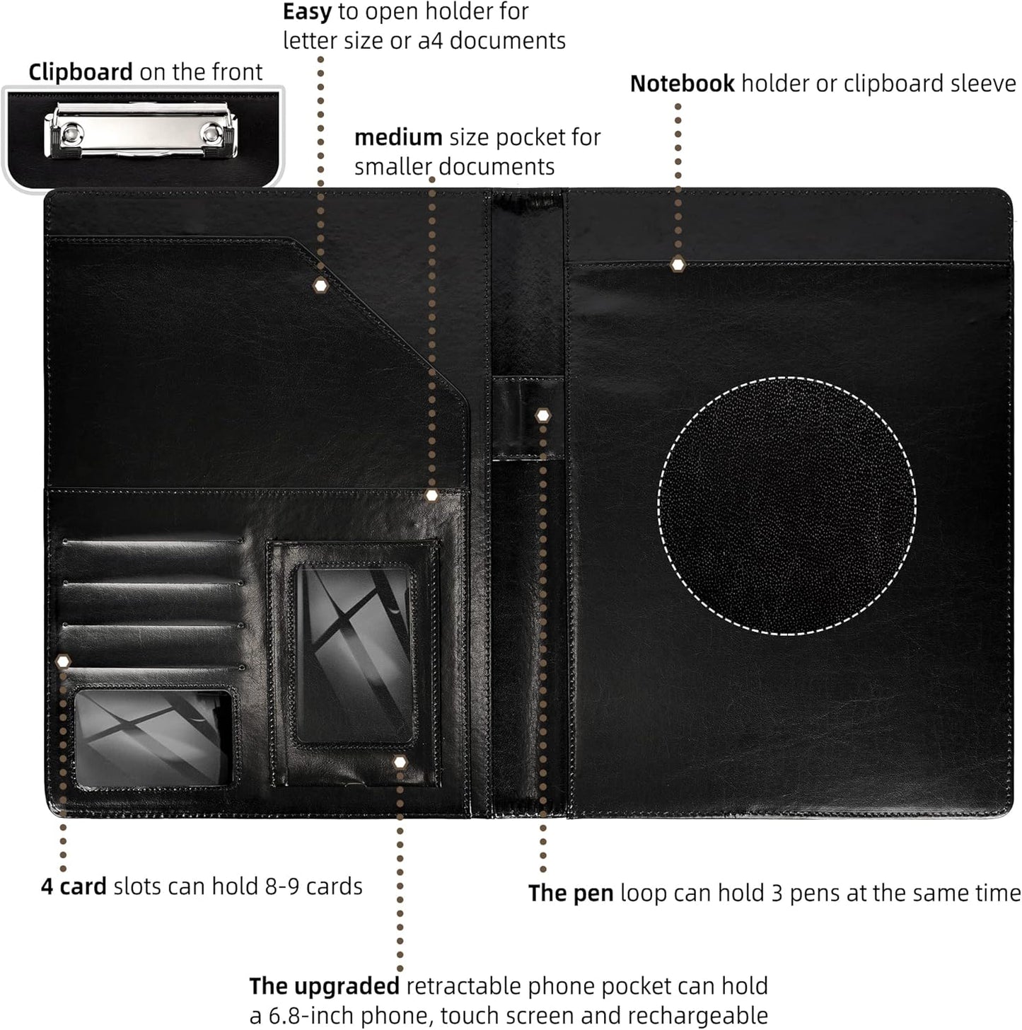 Clipboard Folio Folder Portfolio with Notepad-Pocket Business Card Holder Brown Faux PU Leather Portfolio