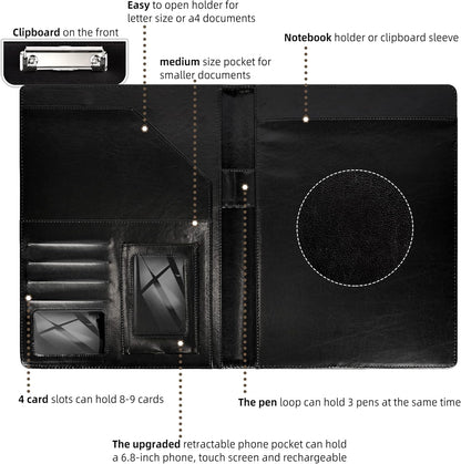 Clipboard Folio Folder Portfolio with Notepad-Pocket Business Card Holder Brown Faux PU Leather Portfolio