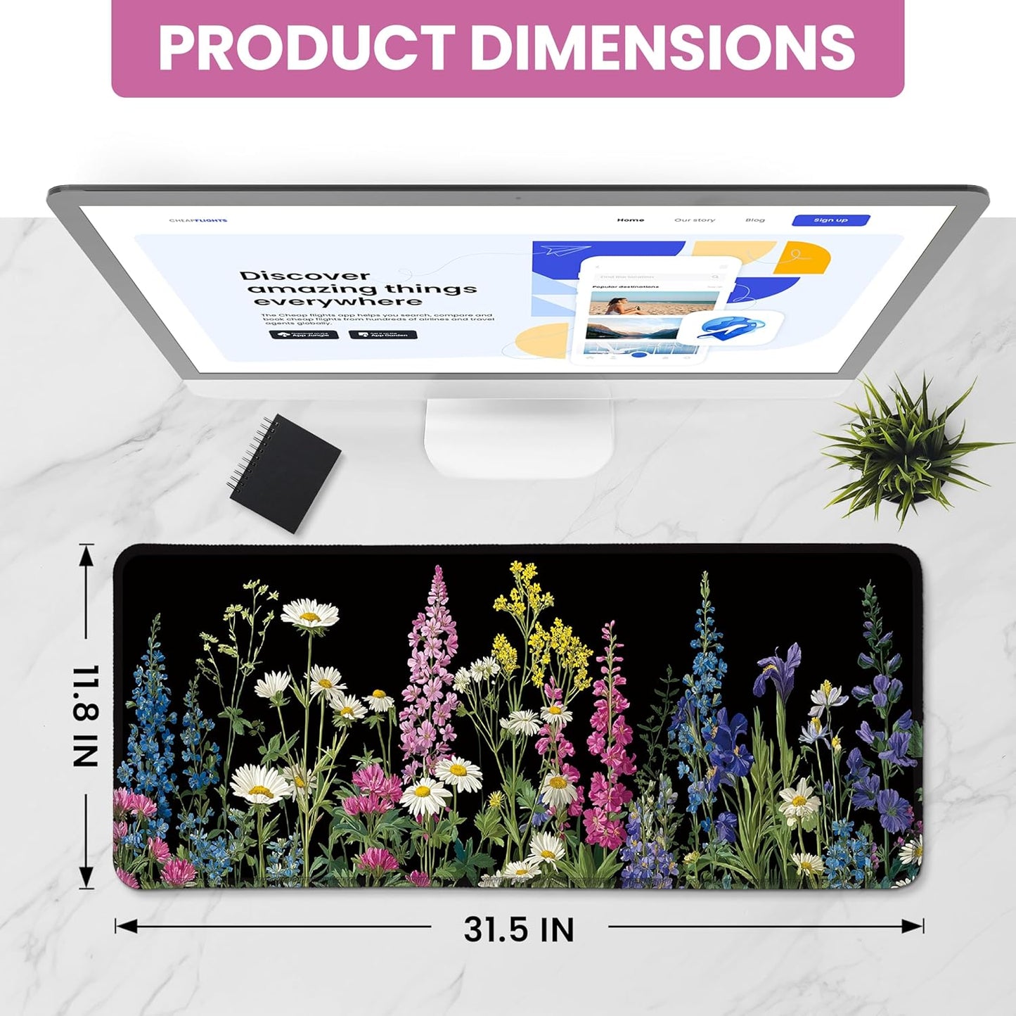 Large Mouse Pad for Desktop, Cute Desk Mat Pad Protector for Work & Gaming, Aesthetic Pretty Anti-Slip Laptop Blotter Cover for Office School Home Supplies, Wildflowers, 31.5" x 11.8"