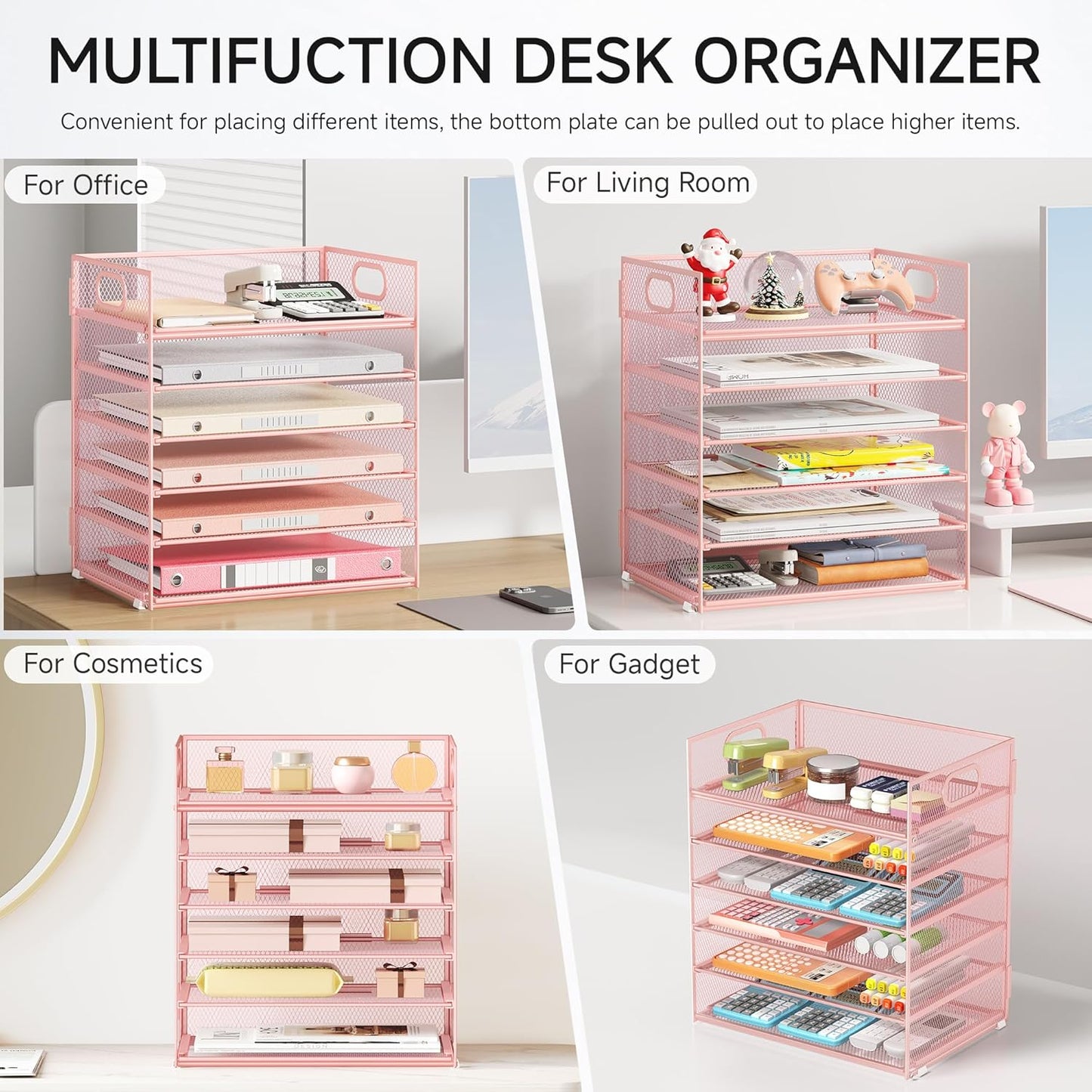 Lavatino 5 Tray Desk File Organizer, Black Mesh Paper Sorter Letter Tray Organizer with Handle, Desktop File Organizer and Storage for Letter/A4 Office File Folder