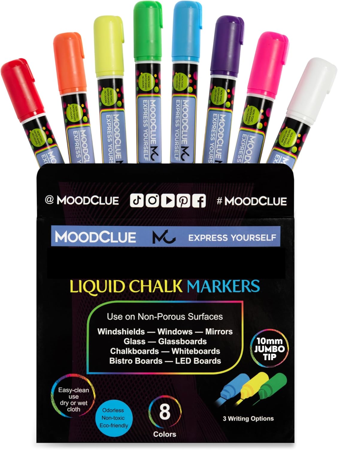 MoodClue Liquid chalk markers 12 neon erasable Whiteboards, glass boards, chalkboards, windows, mirrors, car windshields, auto, glass. Odorless, non-toxic. Wet or dry erase. Thick and thin tip