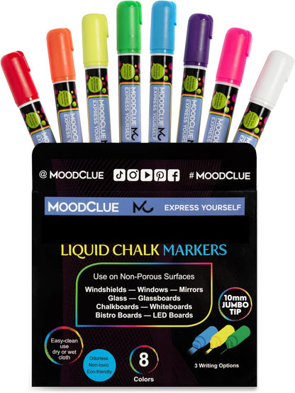 MoodClue Liquid chalk markers 12 neon erasable Whiteboards, glass boards, chalkboards, windows, mirrors, car windshields, auto, glass. Odorless, non-toxic. Wet or dry erase. Thick and thin tip