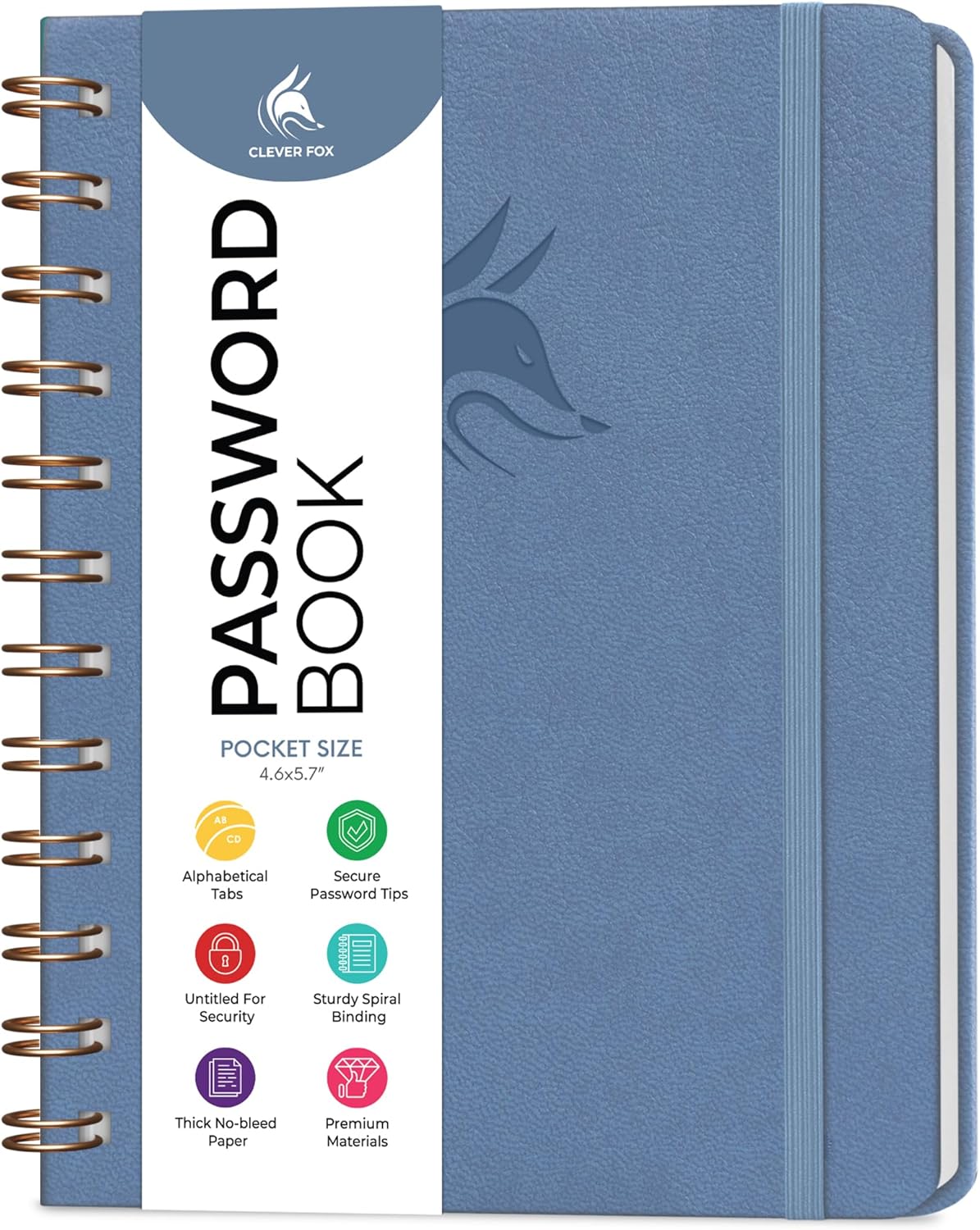 Clever Fox Password Book Spiral – Internet Address & Password Organizer with Laminated Alphabetical Tabs – Password Keeper Journal – Hardcover, Medium Size, 6.1x7.7” (Mystic Blue)