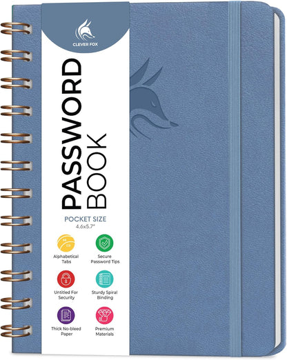 Clever Fox Password Book Spiral – Internet Address & Password Organizer with Laminated Alphabetical Tabs – Password Keeper Journal – Hardcover, Medium Size, 6.1x7.7” (Mystic Blue)
