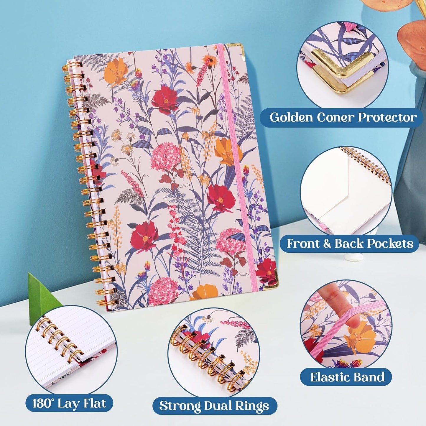College Ruled Notebook - Hardcover Spiral Notebook 8.5" x 11" - Lined Journal Notebook for Women - A4 Large Notebooks for Writing - Pretty Journal Flower Notebook for Work - Diary - 24 Tabs - Red