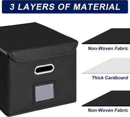 CADONO File Organizer Box with Lid, Large Hanging File Folder Organizer with Plastic Slide, Collapsible Portable Filing Storage Boxes for Office/Decor/Home (Black, 14.9 x 12.59 x 10.8 inch)