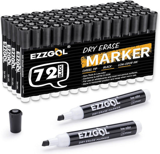 Ezzgol Dry Erase Markers Bulk, 72 Pack Black Low Odor Whiteboard Markers