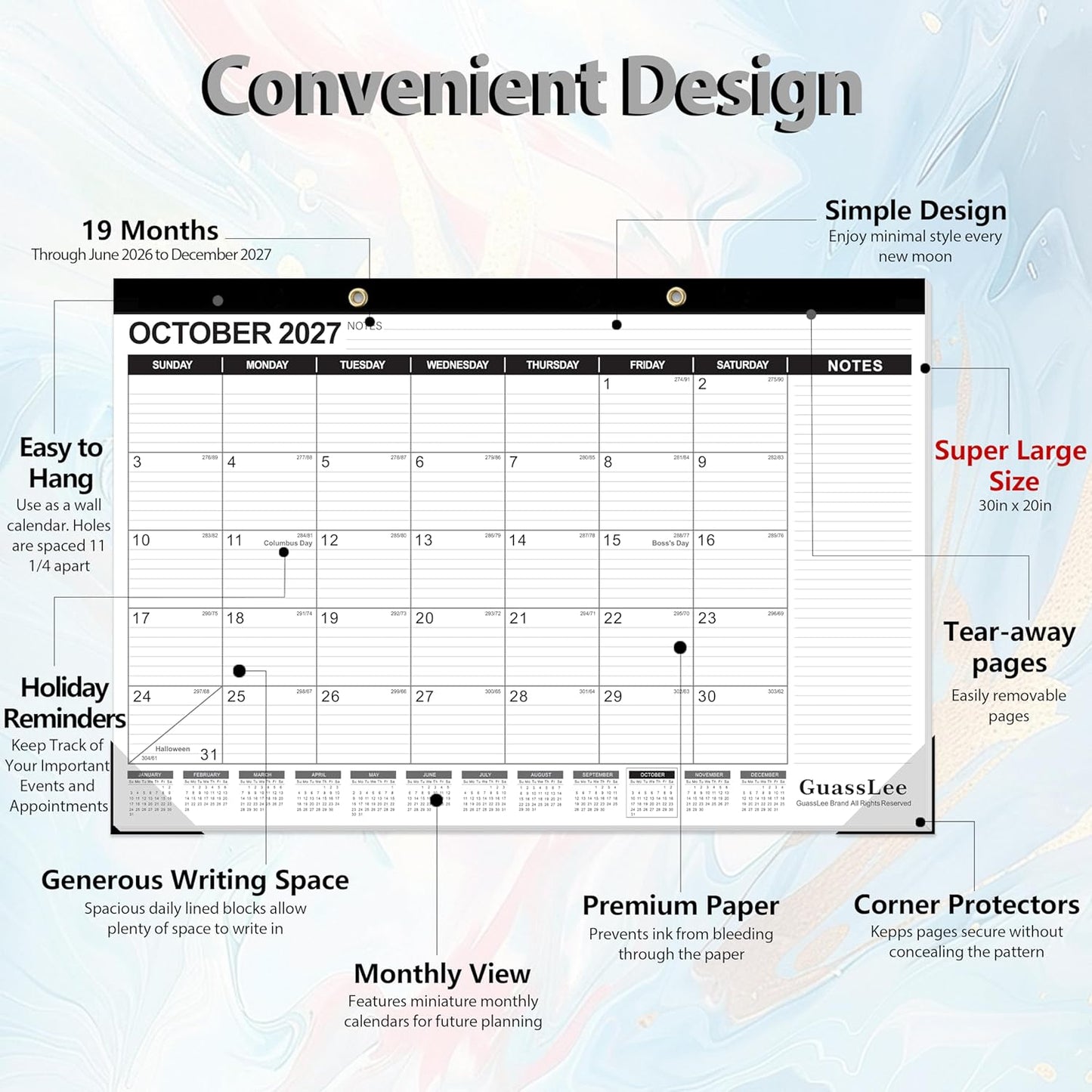 GuassLee Desk Calendar 2026-2027 - 19 Months Academic Calendar 17" × 11.5" Desktop Calendar from Jun. 2026 to Dec. 2027 with Julian Date for Home School Office Desk Top Organizing