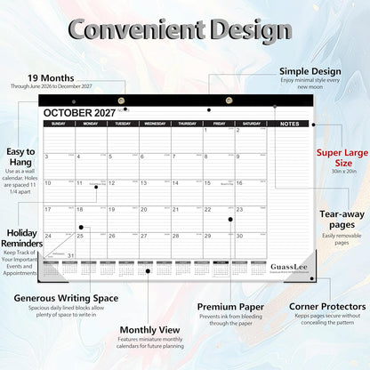 GuassLee Desk Calendar 2026-2027 - 19 Months Academic Calendar 17" × 11.5" Desktop Calendar from Jun. 2026 to Dec. 2027 with Julian Date for Home School Office Desk Top Organizing