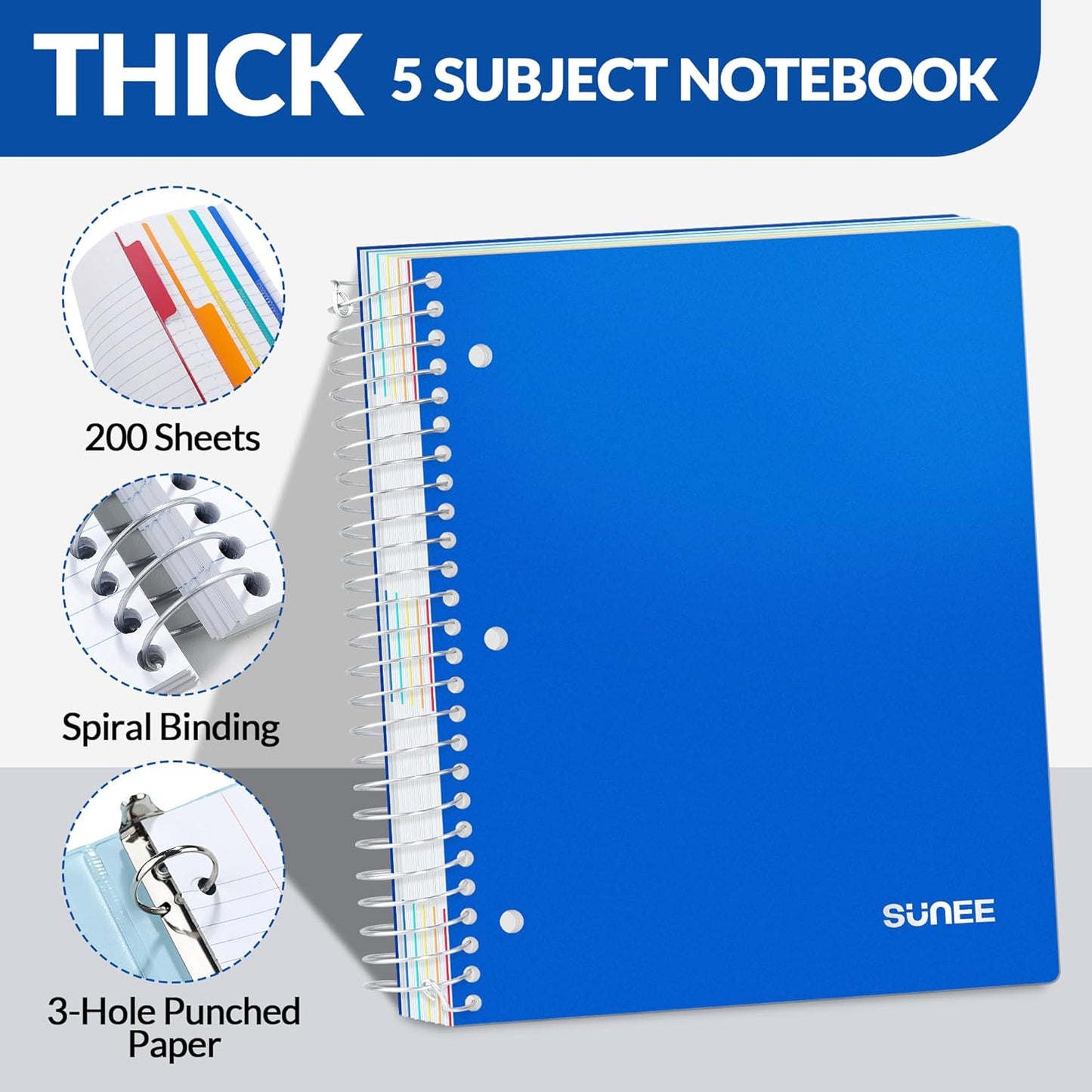 SUNEE 5 Subject Graph Paper Notebook - 400 Pages, 9"x11", 4x4 Graph Ruled Notebook, 5 Pocket Colored Dividers, 3-Hole Punched Paper, Black