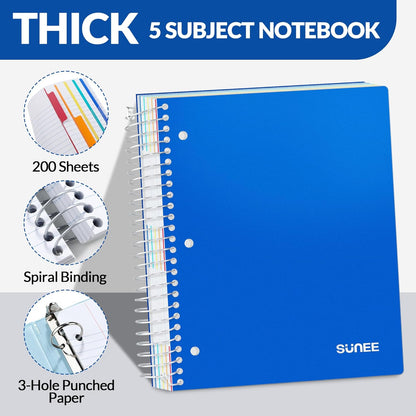 SUNEE 5 Subject Graph Paper Notebook - 400 Pages, 9"x11", 4x4 Graph Ruled Notebook, 5 Pocket Colored Dividers, 3-Hole Punched Paper, Black