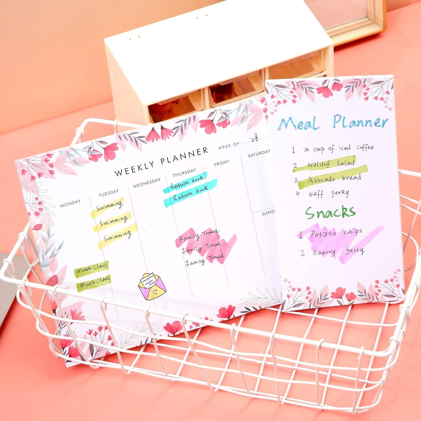 Weekly Planner Notepad Tear Off Set of 2 Weekly Calendar Pad 52 Undated To Do List Notepad Sheets Desk Planner Planning Pads Productivity Tracker for Work Goals Notes Schedule Ideas, Floral Blue