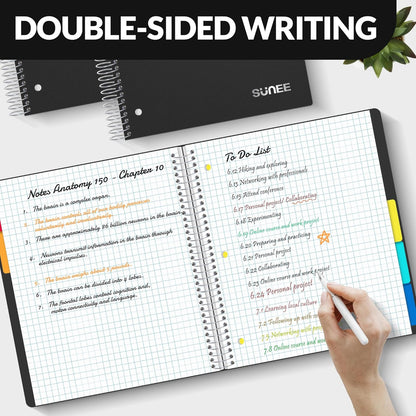 SUNEE 5 Subject Graph Paper Notebook - 400 Pages, 9"x11", 4x4 Graph Ruled Notebook, 5 Pocket Colored Dividers, 3-Hole Punched Paper, Black