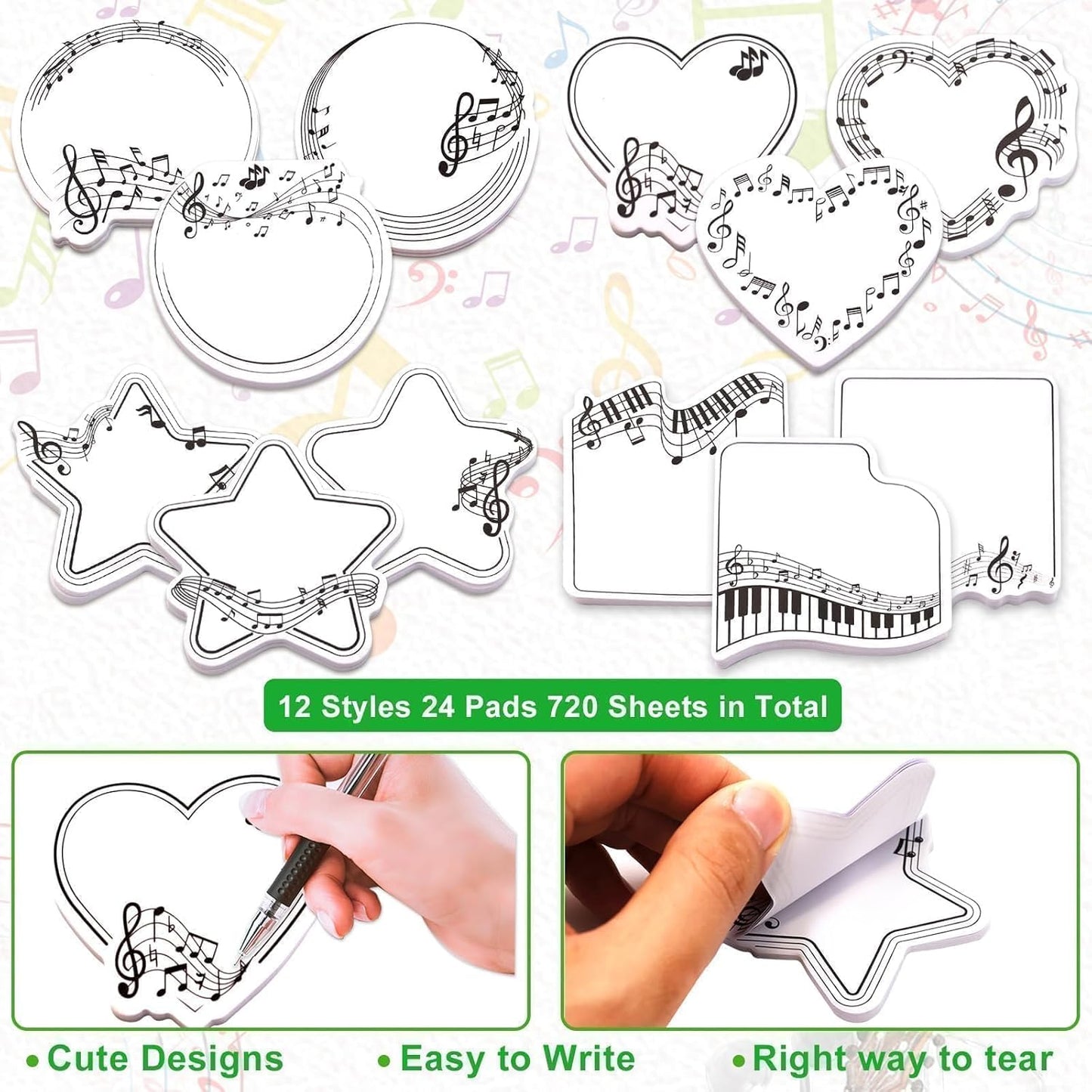 Fancy Land 24 Pads Cute Sticky Notes Self Sticky Notepads for Teachers Classrooms 720 Sheets Memo Pads Teacher Appreciation Nurse End of Year Graduation Gift Home Office Supplies Musical Notes