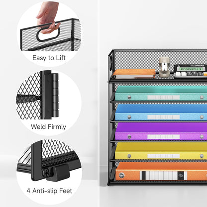 Lavatino 5 Tray Desk File Organizer, Black Mesh Paper Sorter Letter Tray Organizer with Handle, Desktop File Organizer and Storage for Letter/A4 Office File Folder