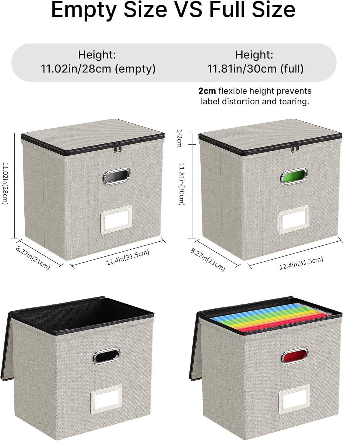 Oterri 2 Pack File Organizer Boxes with Lids, File Box with Mesh Pockets, Document Organizer Box for File Folders Letter Size, Zippers Filing Box for Home, Office, School (Green, Without Folders)