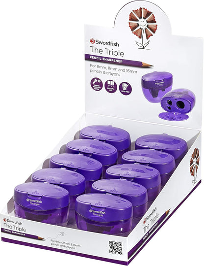 Swordfish ‘The Triple’ Three Hole Pencil Sharpener with Mess-Free Canister [Pack of 1] 8-16 mm [40228s], Purple