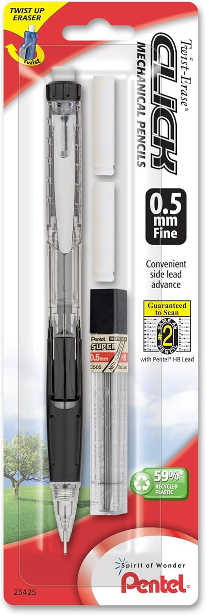 Pentel Twist Erase Click Automatic Pencil with 2 Eraser Refills and Lead, 0.9 mm, Assorted Barrels, Color May Vary, 2 Pack (PD279TLEBP2)