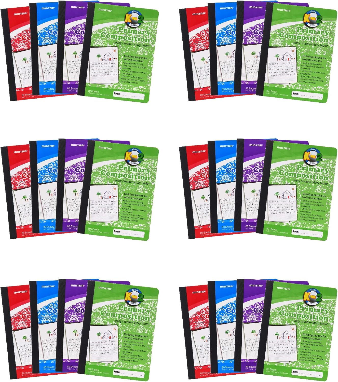 Mintra Primary Composition Notebook, 4 Pack, Assorted Colors 80 Sheets, 7.5in x 9.75in, 1/2 Sheet, Ruled with Drawing Area, Flexible Hardcover Journal, Grades K-2, School & Home Use
