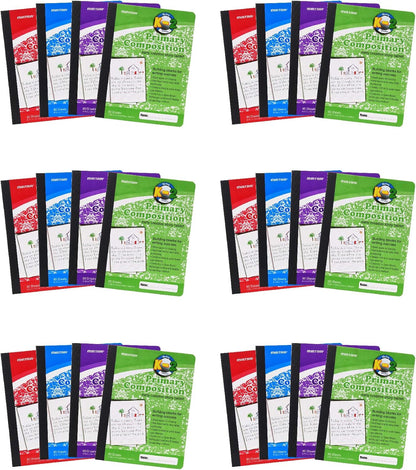 Mintra Primary Composition Notebook, 4 Pack, Assorted Colors 80 Sheets, 7.5in x 9.75in, 1/2 Sheet, Ruled with Drawing Area, Flexible Hardcover Journal, Grades K-2, School & Home Use