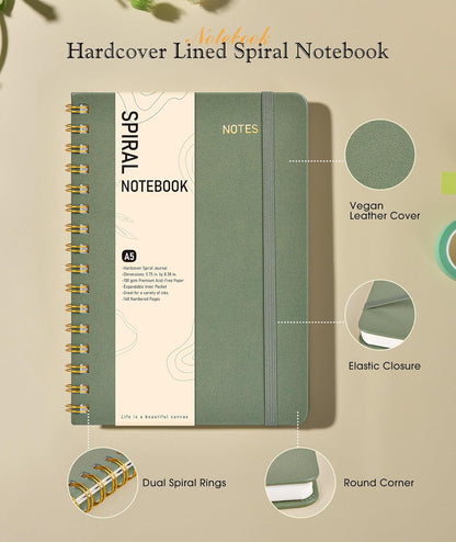 Lined Spiral Journal Notebook, A5 Hardcover Spiral Journals for Women Men, 150 Numbered Pages Spiral Bound Notebook, 100 GSM College Ruled Notebooks for Work, Note Taking 5.75" x 8.38", Olive Green