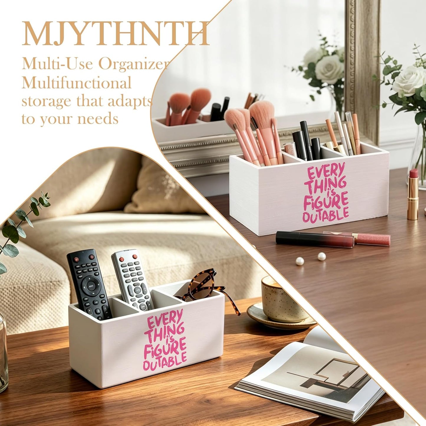 Don't Overthink It Inspirational Pencil Pen Holder for Desk, Pink Positive Affirmations Wooden Box Sign Pen Holder Organizer for Home Office School Desk Accessories