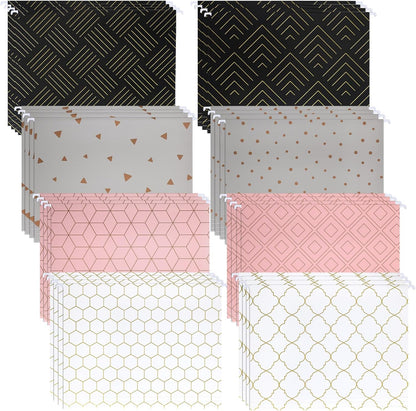 Estune 32 Pcs Decorative Hanging File Folders Letter Size Cabinet File Folders Organizers with 1/5 Cut Adjustable Tabs for Office Desk School Filing Cabinet Home(Gold Stripe)
