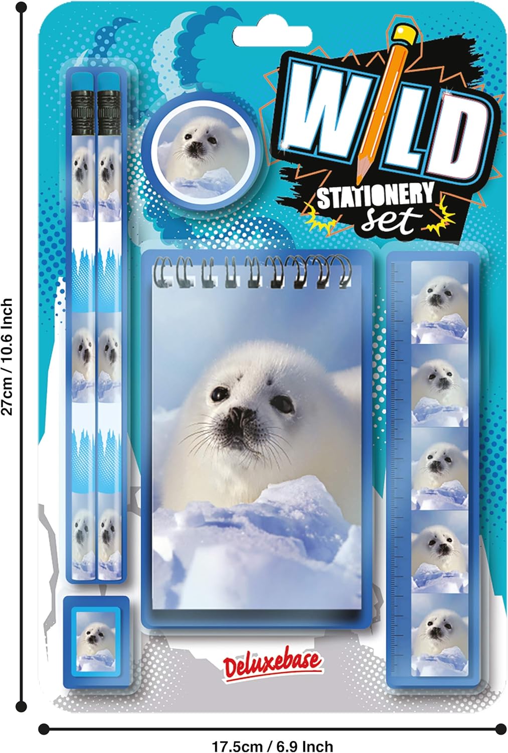 Deluxebase Wild Stationery Set - Dolphin from Animal Stationery Sets with 2 Pencils, Eraser, Pencil Sharpener, Ruler & Cute Notebook. Ideal Office Supplies, Desk Accessories & College Essentials.