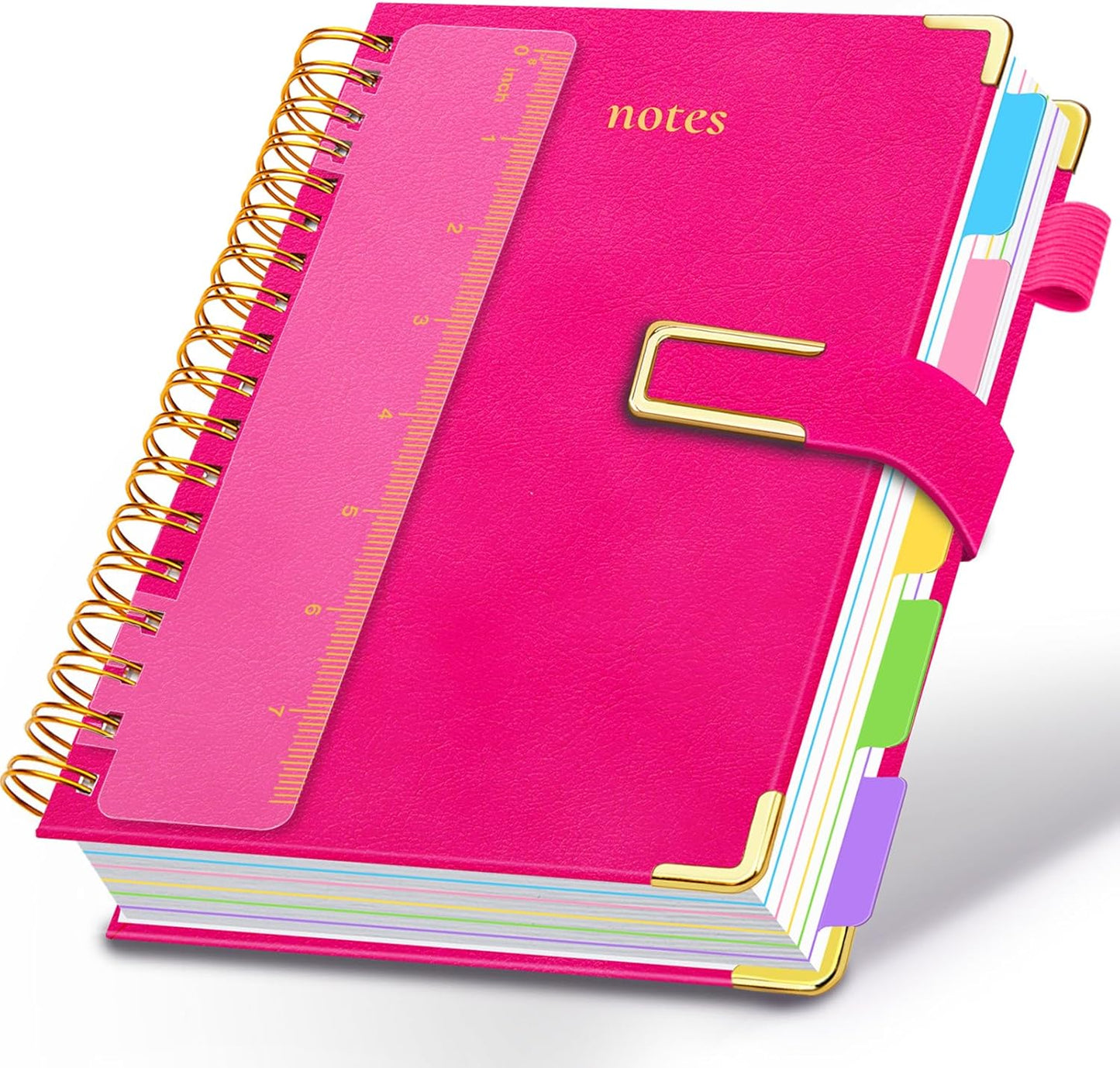 Hardcover Spiral Notebook College Ruled, 8"x10" Leather Journal Notebook with Magnetic Closure, 300 Pages 5 Subject Notebook with Dividers Tabs Journal for Women Men, Work, School(Rose Red)