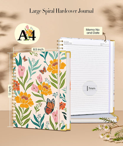 Cute Spiral Notebook Journal for Women, 200 Pages Lined Notebooks 8.5” x 11”, A4 Large Hardcover Spiral Journals with 100 GSM Thick Paper, College Ruled Notebook for Writing Work School, Orange Floral