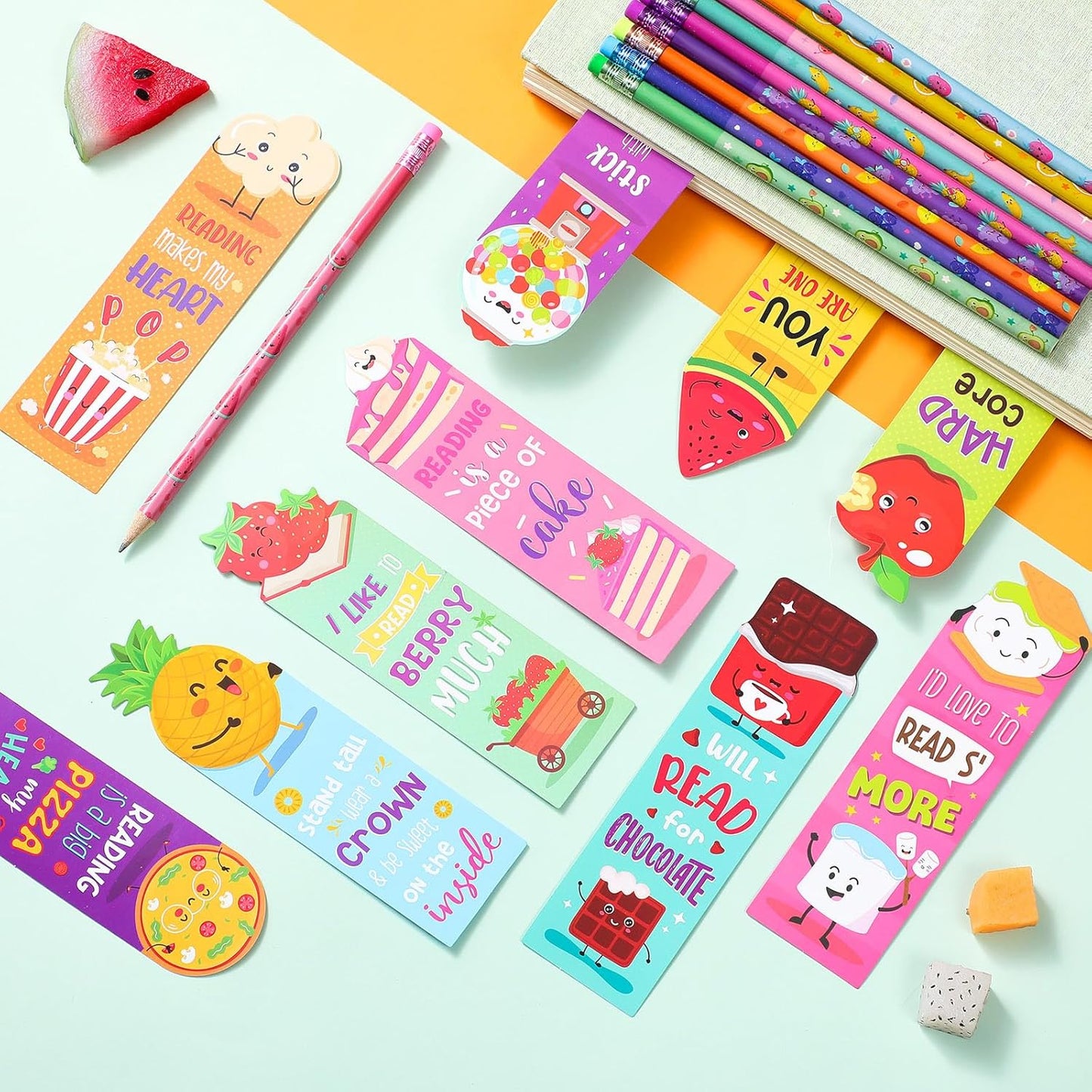 Teling 60 Pcs Inspirational Scented Pencils and Scented Bookmarks Sets Funny Smelly Pencils with Eraser Theme Bookmarks Cute Stationery Bulk for Reading Rewards Party Favors(Vivid)