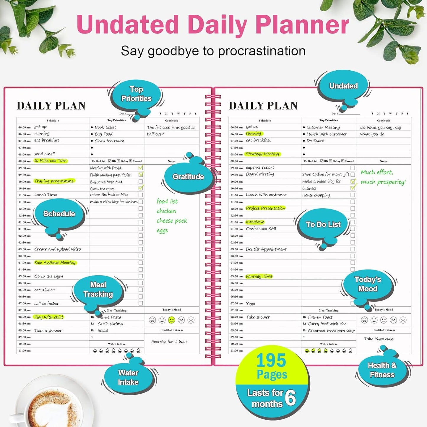 Daily Planner Undated, Asten To Do List Notebook Hourly Schedules Spiral Appointment Planner for Men and Women,PVC Hardcover,Elastic Closure, Inner Pocket 8.3" x 5.8" (Black)
