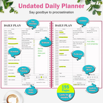 Daily Planner Undated, Asten To Do List Notebook Hourly Schedules Spiral Appointment Planner for Men and Women,PVC Hardcover,Elastic Closure, Inner Pocket 8.3" x 5.8" (Black)