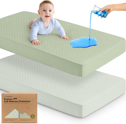 2-Pack Waterproof Crib Mattress Protector Cover Fitted - Quiet Baby Crib Mattress Pad Sheets, 52" x 28" Soft Quilted Cotton Baby Sheet, Machine Washable, Easy Fit, Durable (Soft White/Mavy)