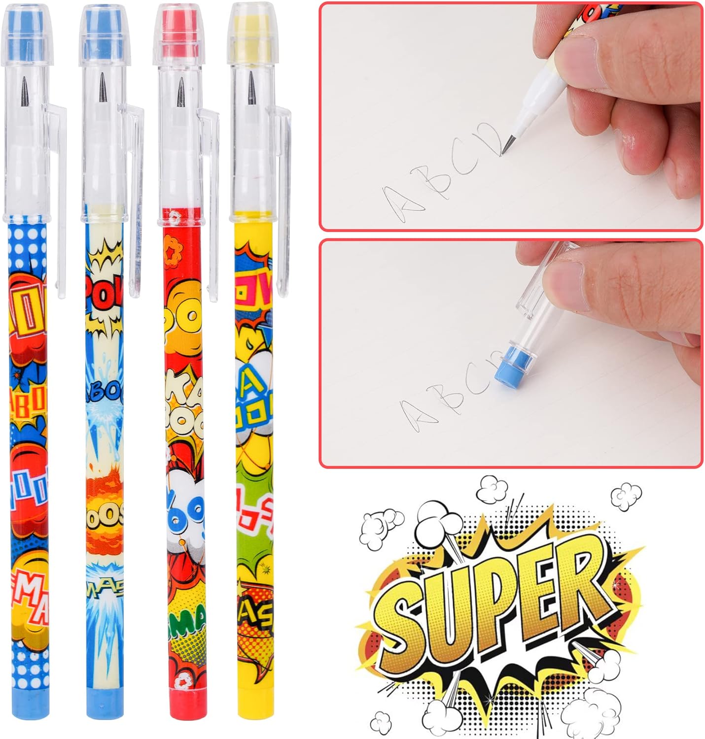 Kolewo4ever 48pcs HB Hero Pencils Kawaii Cute Multipoint Pencil Push Translucent Non Sharpening Stackable Pencils Pop Up Plastic Pencil for Classroom Rewards Carnival Prizes (Hero)