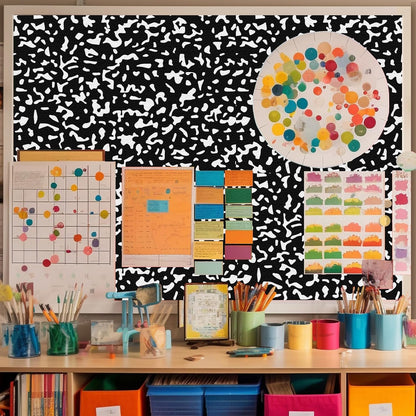 Drydiet Composition Notebook Bulletin Board Roll 1. 4 x 10 Ft/ 17 x 120 Inches, Peel and Stick Composition Classroom Decor, Back to School Black and White Bulletin Board Paper Background Waterproof
