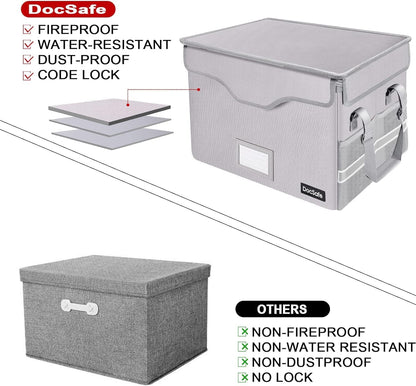 DocSafe Fireproof Document Box with Lock, File Storage Organizer with Mesh Pockets, Collapsible Portable File Box Home Office Safe Filing Cabinet with Handle for Hanging Letter/Legal Folder, Black