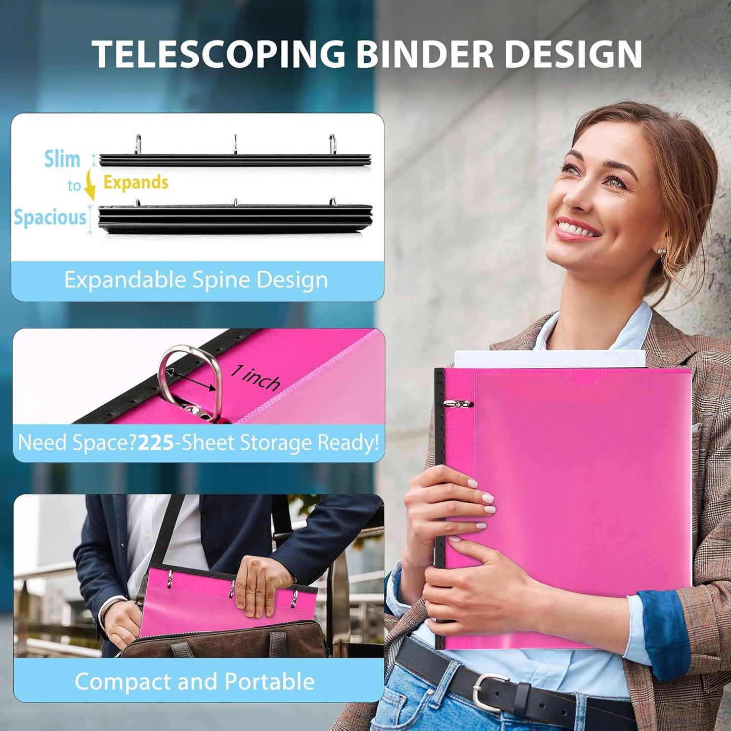 WOT I 1 Inch Telescoping 3 Ring Binder 4 Pack, Expandable Flexible Binder with Customizable Front Cover & Clear Catalog Pocket, Holds 225 Sheets, School Office Supplies, White