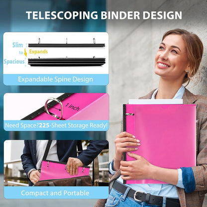 WOT I 1 Inch Telescoping 3 Ring Binder 4 Pack, Expandable Flexible Binder with Customizable Front Cover & Clear Catalog Pocket, Holds 225 Sheets, School Office Supplies, White