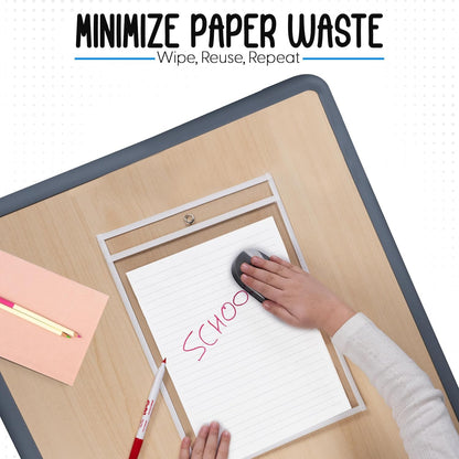 Essex Wares - 6 Pack, Assorted, Dry Erase Pocket Document Protectors, 10" Wide x 13.5" Tall- Dry Erase Clear Plastic Sleeves - Reusable & Easy Erase Plastic Invoice Holders, Water-Resistant & Durable