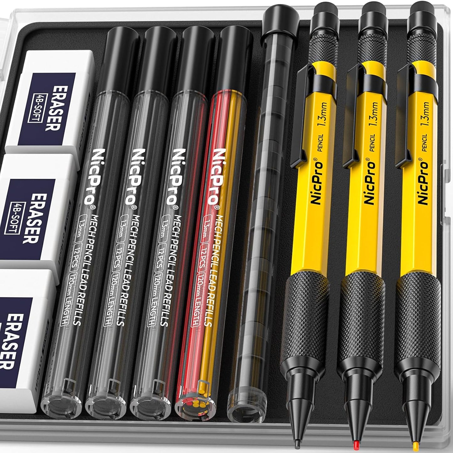 Nicpro 3 PCS 1.3 mm Orange Mechanical Pencils Set with 66 Lead Refill, 3 Eraser - Weatherproof Metal Barrel, Heavy Duty Carpenter Pencil MP2000 for Outdoor Marking Drafting Drawing Woodworking