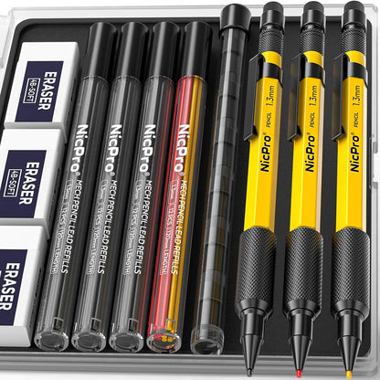 Nicpro 3 PCS 1.3 mm Orange Mechanical Pencils Set with 66 Lead Refill, 3 Eraser - Weatherproof Metal Barrel, Heavy Duty Carpenter Pencil MP2000 for Outdoor Marking Drafting Drawing Woodworking