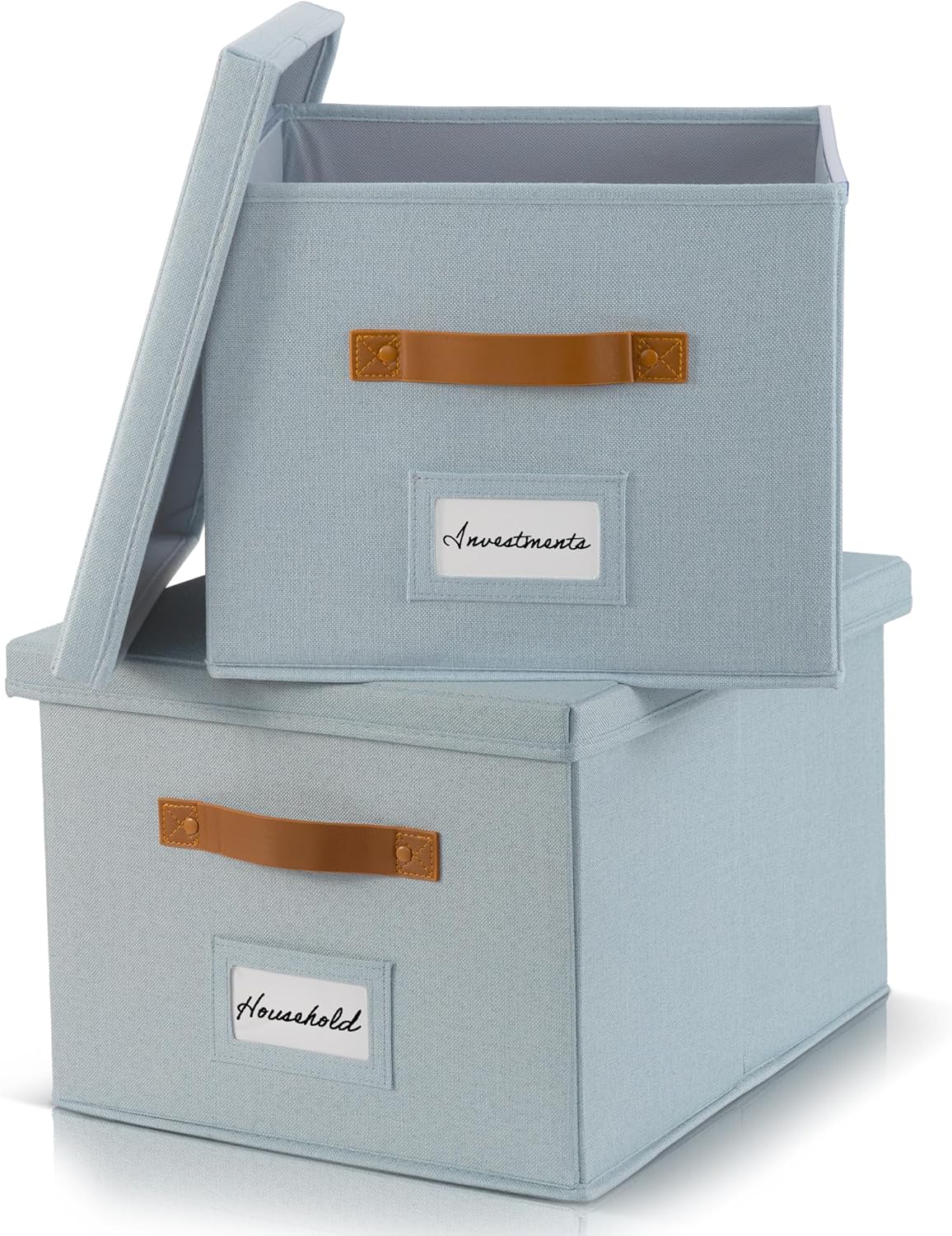 ZICOTO Decorative File Organizer Box Set of 2 - Collapsible Linen Filing Cabinets with Handles Are Perfect to Store All Your Documents & Hanging File Folders - Portable Easy Slide Crates with Lid