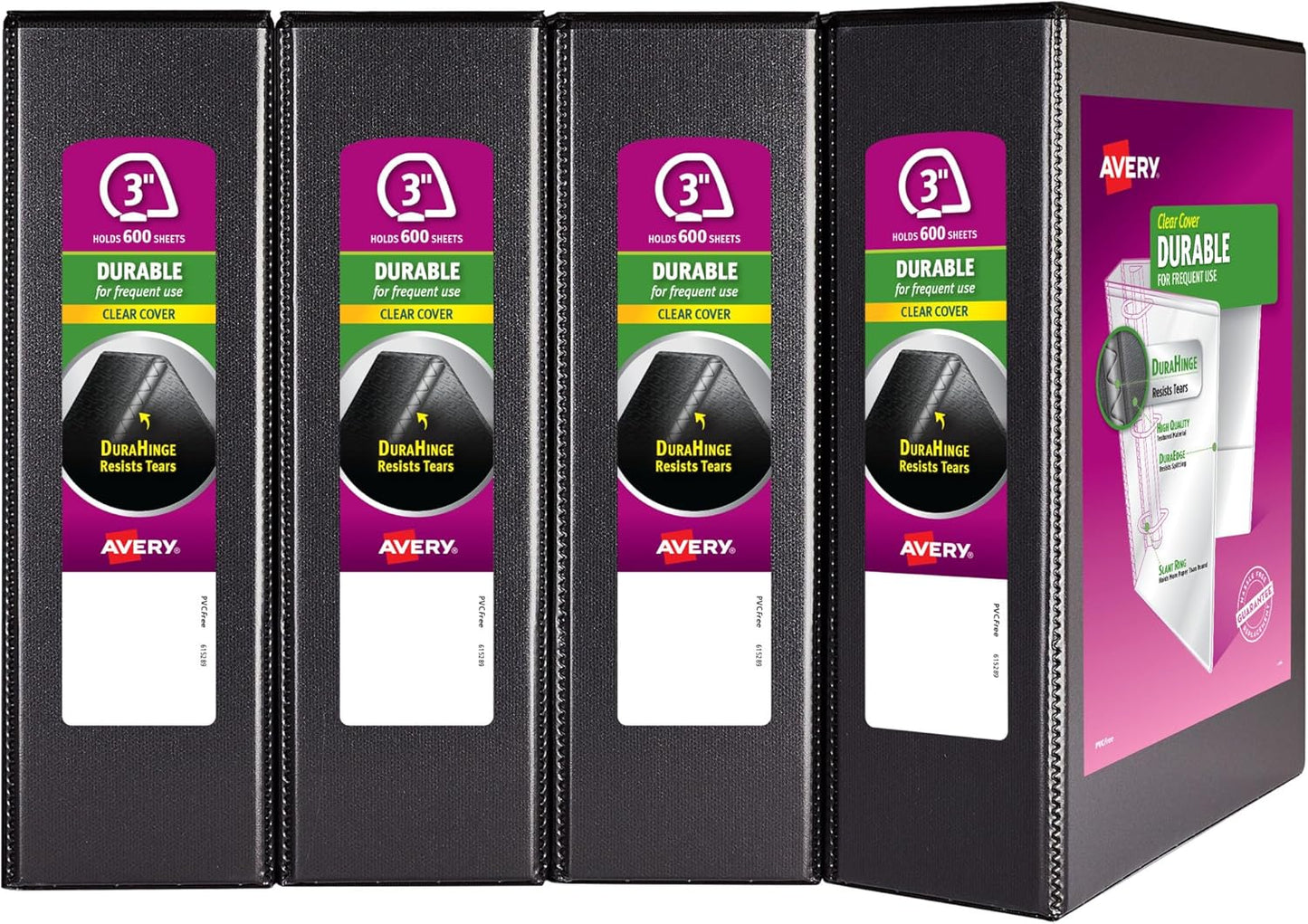 Avery Durable View 3 Ring Binders, 0.5" Slant Rings, 135-Sheet Capacity, 0.7 Inch Wide Spine, Great for Home, School Supplies, Office, or Organization Needs, Black Binders (4-Pack of 05736)