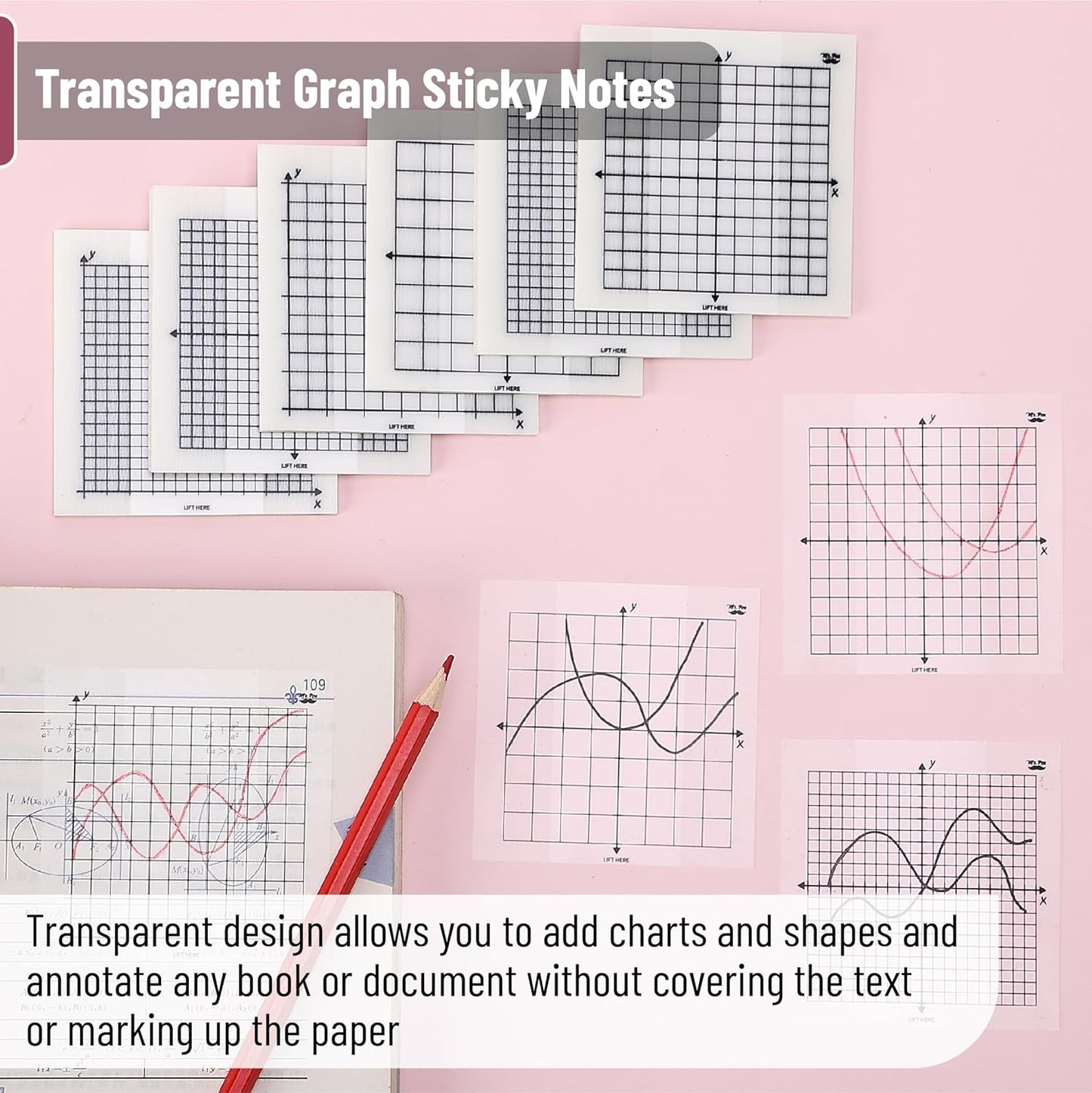 Mr. Pen- Transparent Graph Sticky Notes, 3x3 Inch, 6 Pads, 50 Sheets/Pad, 6 Grid Designs, Square Graph Paper Notes & Fineliner, Waterproof Grid Sticky Note Pads for Math, Study, Journals, Planners