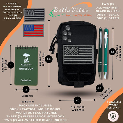 Tactical Molle Pouch Small Notebook Cover EDC Utility Bag Tool Pouch Gadget Organizer Military Waist Bag with US Flag Patch, 3”x5” Waterproof Notepad Pocket Notebook and Weatherproof Pen