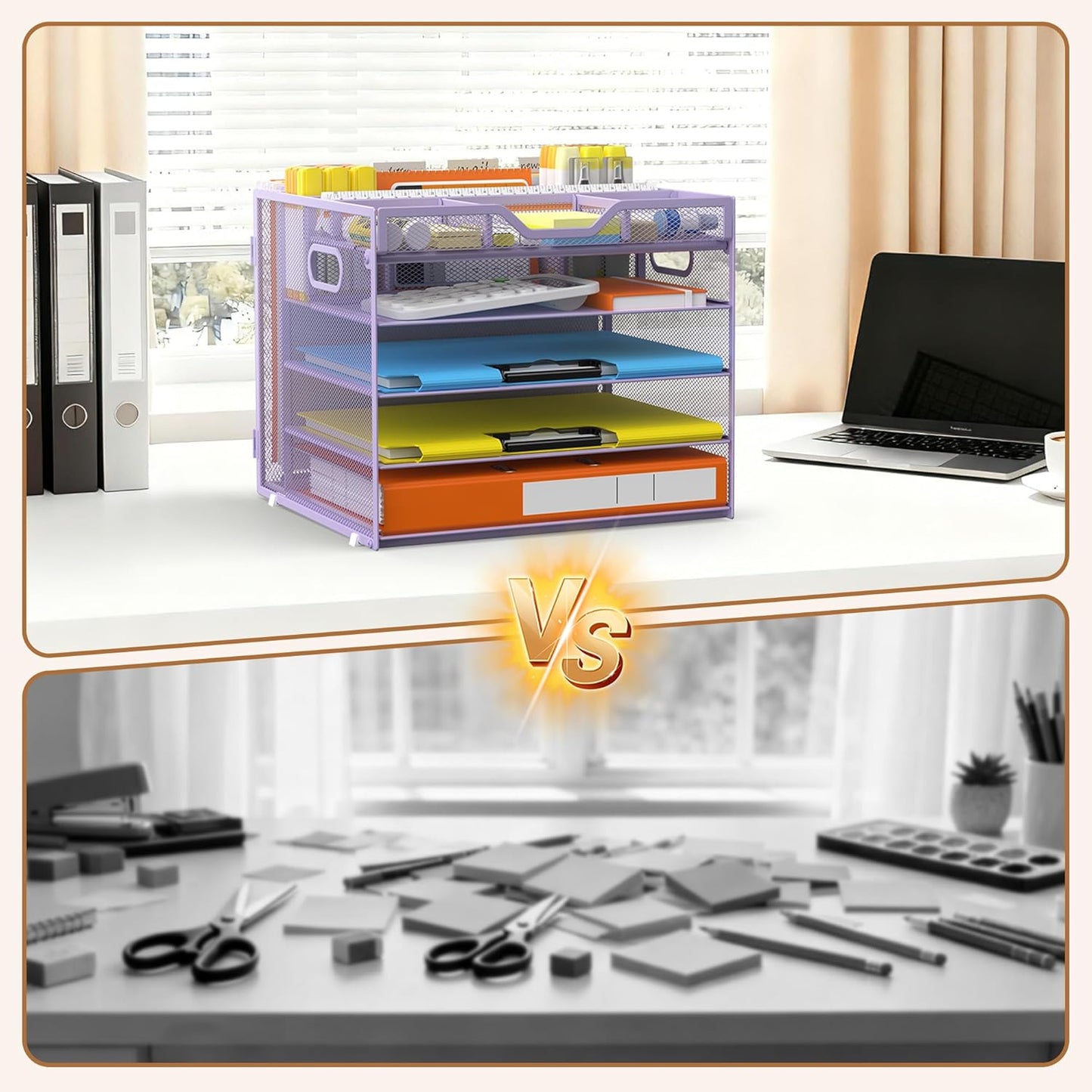 Docnest 5 Tier Letter Tray with Hanging File Organizer-Mesh Desk Organizer-Desktop Storage Box Built in Pen Holder and Handles, File Folder Holder for Mail Documents Office Supplies-Black